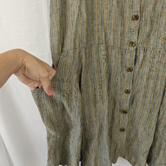 VTG FLAX by Jeanne Engelhart Linen Mini Button Up Sleeveless Striped Dress Sz M - Picture 3 of 10